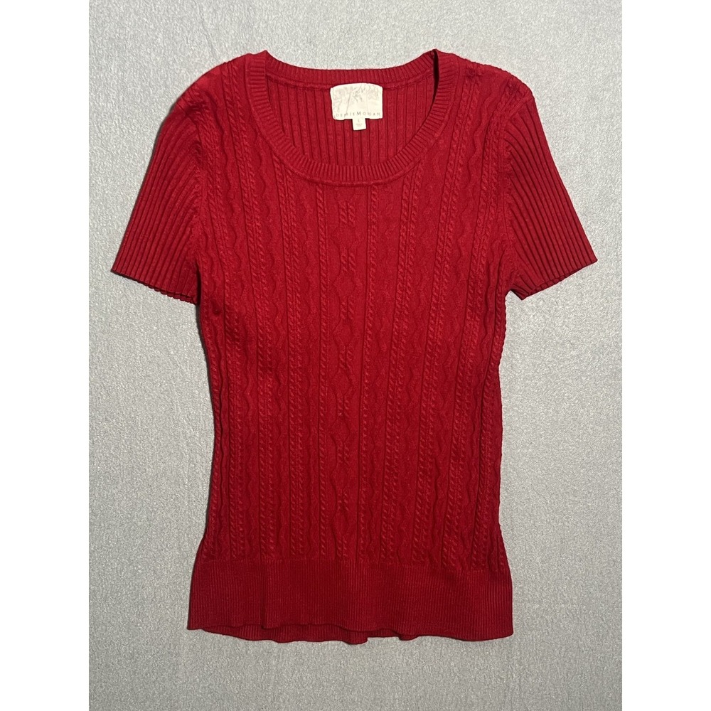 Debbie Morgan Women's Red Cable Knit Short Sleeve Sweater Top Size L